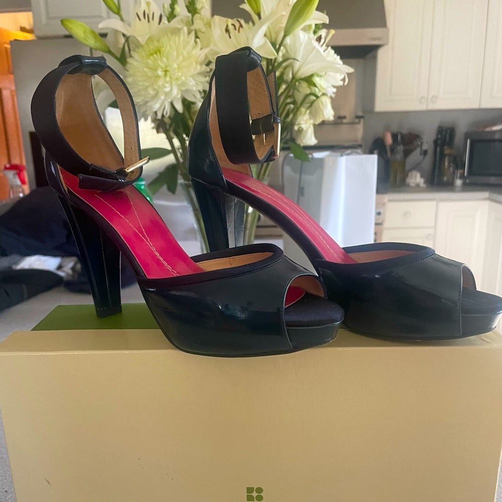 kate spade Black Patent Leather Peep-Toe Platform Heels with Pink Insole